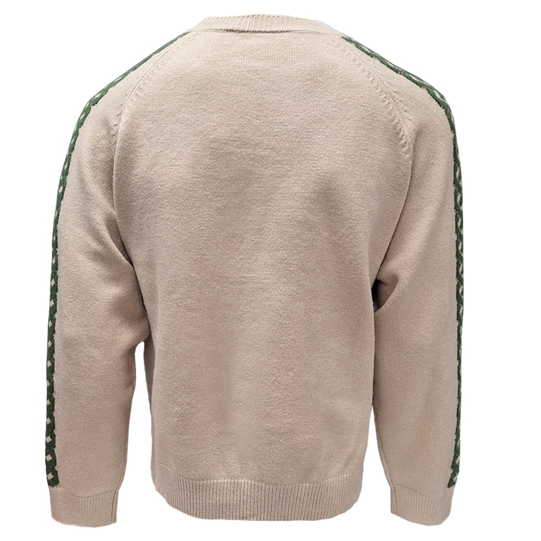 Back view of beige Celtic Knot Stone Crew Neck sweater with a green knit stripe along the sleeves