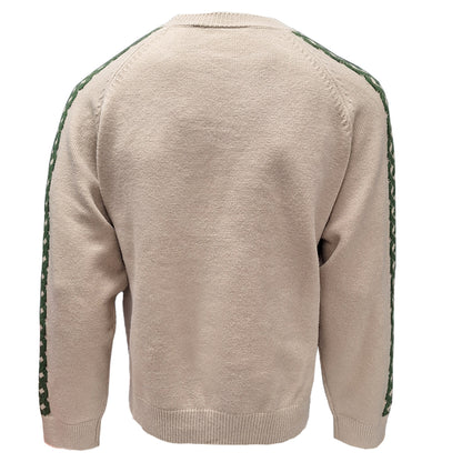 Back view of beige Celtic Knot Stone Crew Neck sweater with a green knit stripe along the sleeves