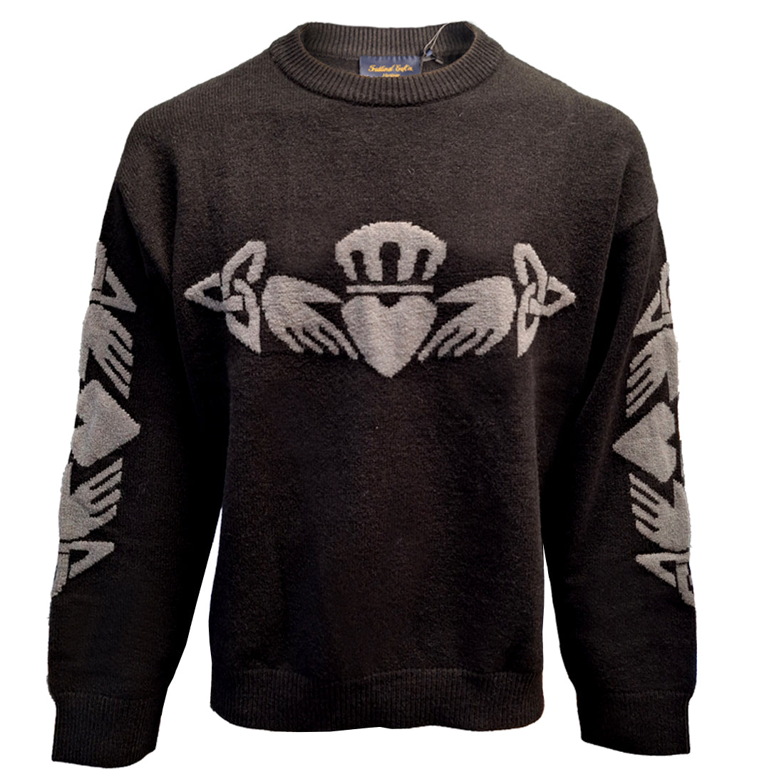 Black crew neck sweater in grey with a large Claddagh motif across the chest and on the sleeves.