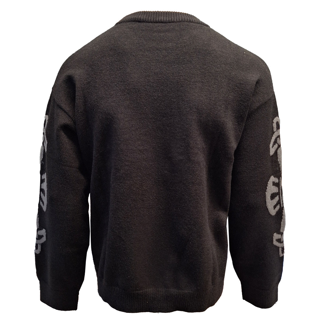 Back view of a black and grey knit crew neck sweater