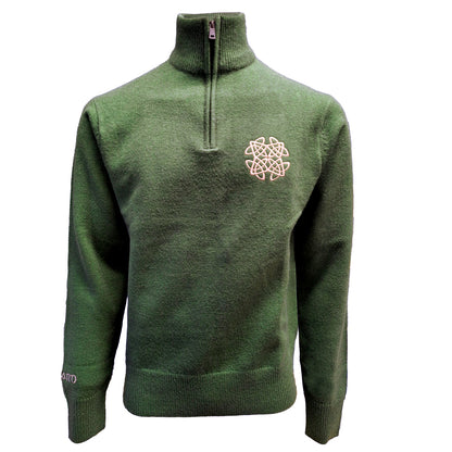 Front view of a sage green 1/4 zip sweater with a pink geometric emblem on the chest