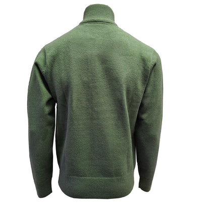 Back view of sage green Celtic Knot 1/4 zip sweater showing plain knit and ribbed hem.