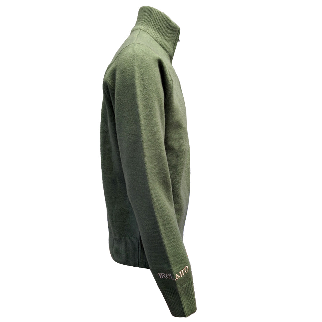 Side view of sage green Celtic Knot 1/4 zip sweater with ribbed collar.