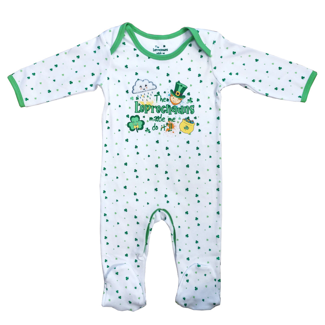 Leprechaun All Over Shamrock White Baby Romper