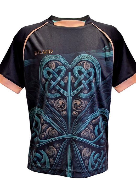 Kid's Ireland Big Shamrock Performance T Shirt featuring a teal Celtic knot heart on dark fabric with peach trim