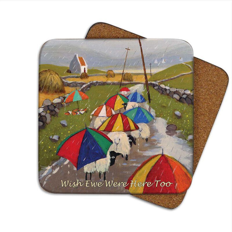 Irish Coaster With Sheep Under Umbrella's & 'wish Ewe Were Here Too' Text