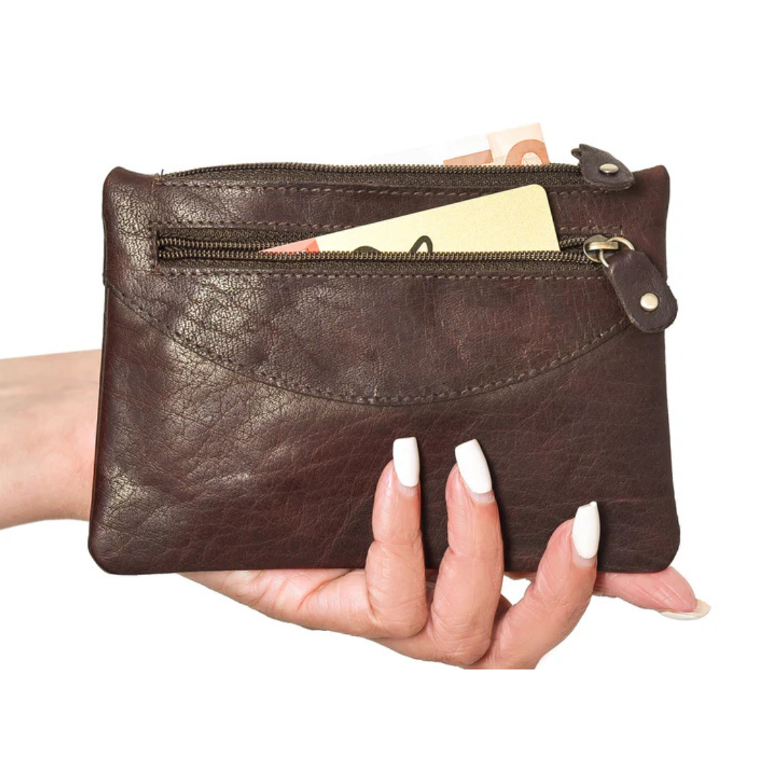 Leather 3 Zipper Brown Purse 