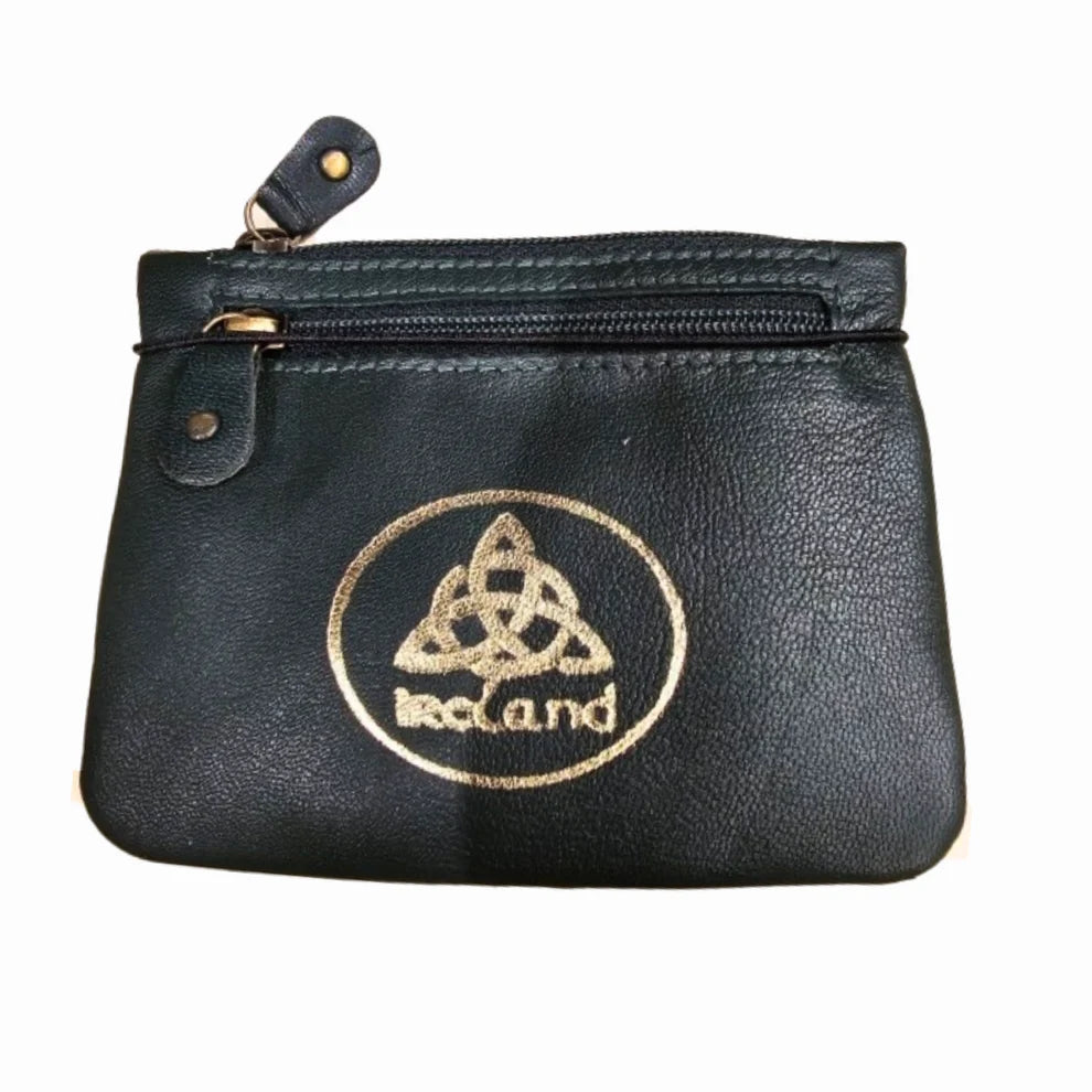 Ireland Trinity Knot 3 Zip Black Leather Purse