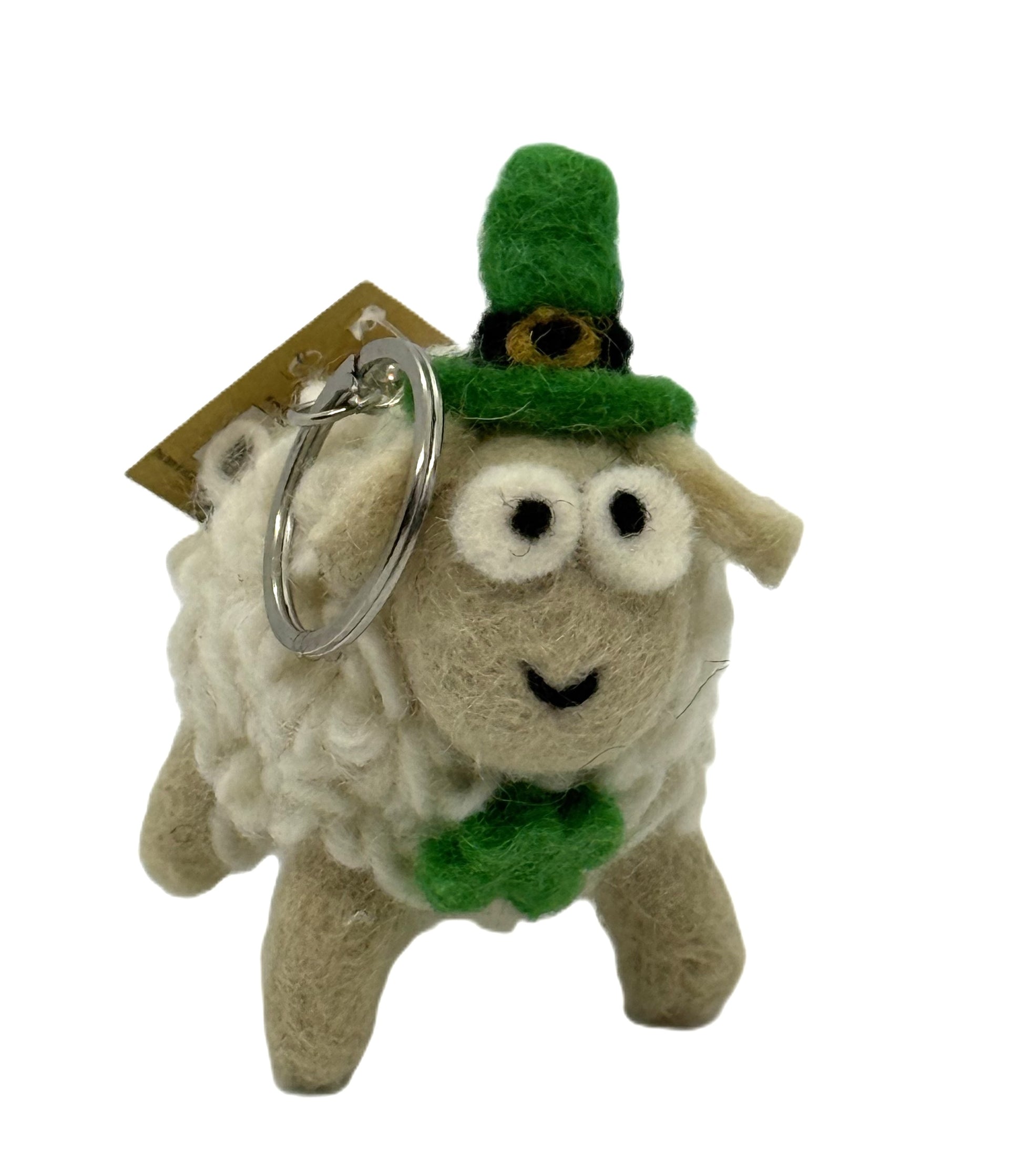 Small white felt sheep keychain with a green hat and matching bowtie on a metal ring