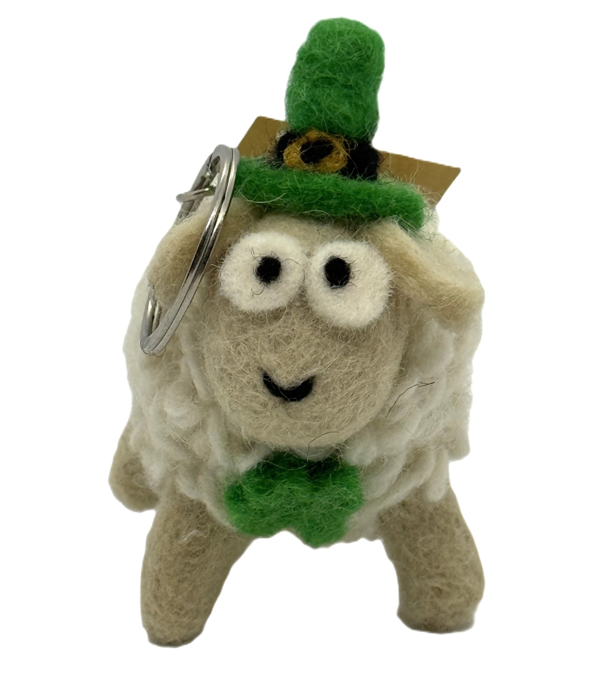 Beige felt sheep keychain wearing a green hat and bowtie shown from a different angle with a metal keyring