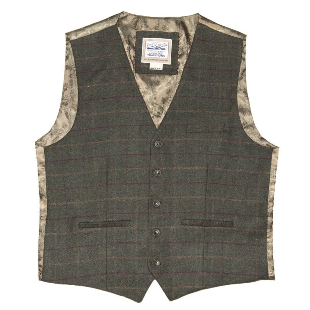 Men's Tweed Box Check Waistcoat Green 