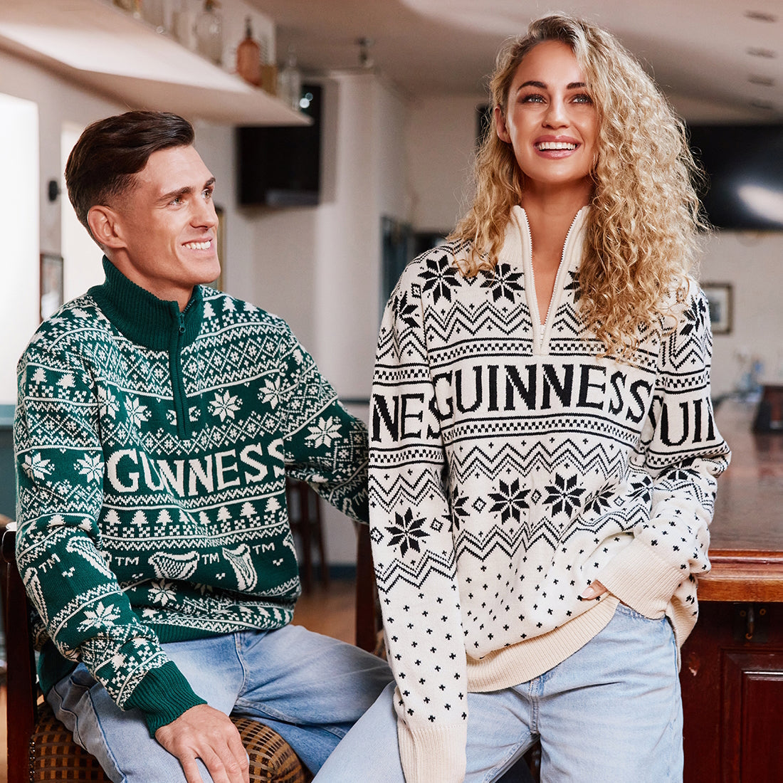 Guinness 1/4 Zip Festive Green Christmas Sweater