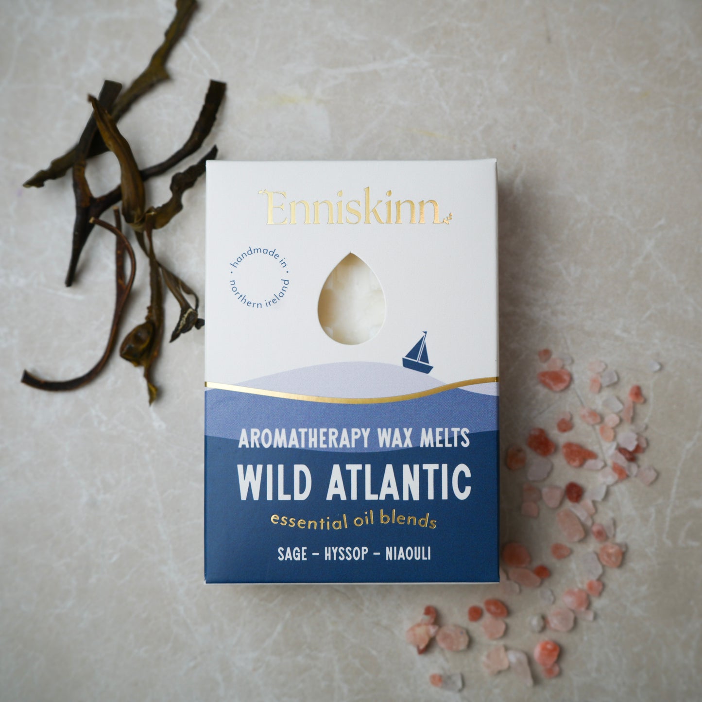 Enniskinn Wild Atlantic Aromatherapy Wax Melts box with tear window and sailboat design on white and navy packaging.
