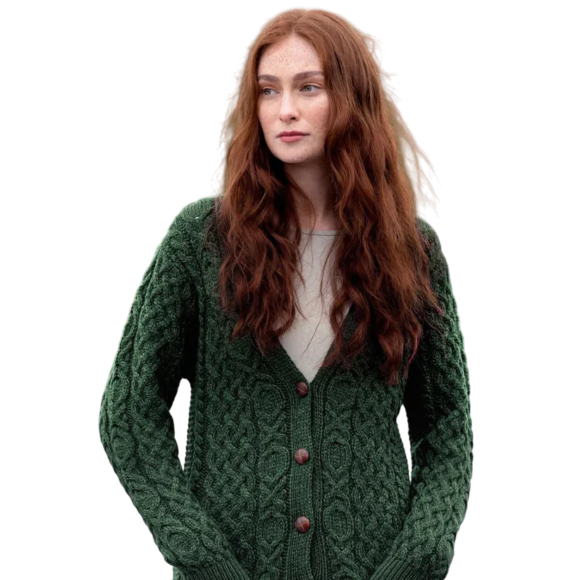 Ladies Aran Boyfriend Army Green Cardigan