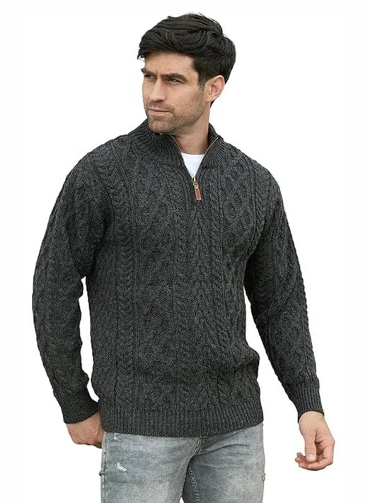 Men's Quarter Zip Aran Charcoal Sweater