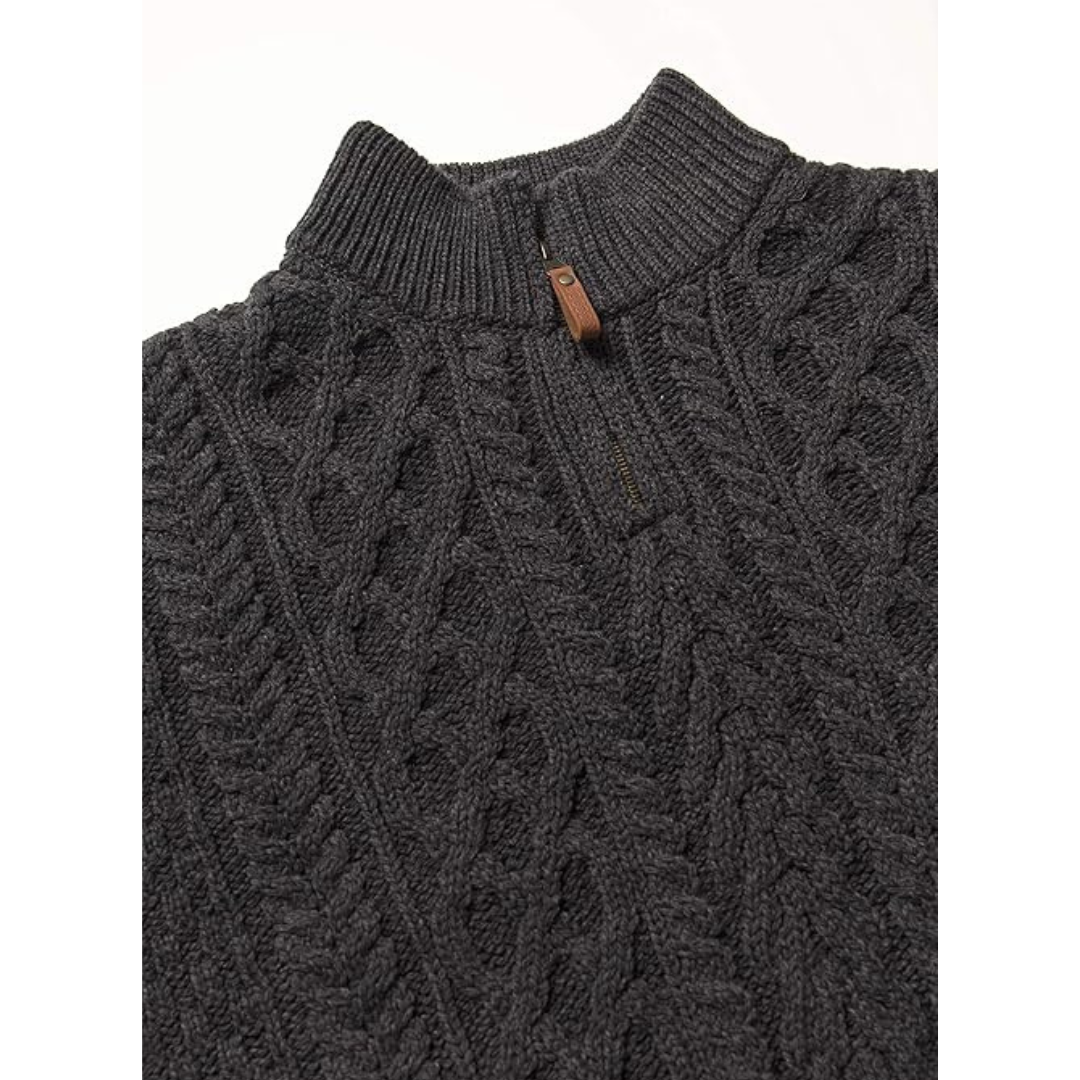 Close up of the charcoal Aran half zip sweater collar with a brown leather zipper pull.