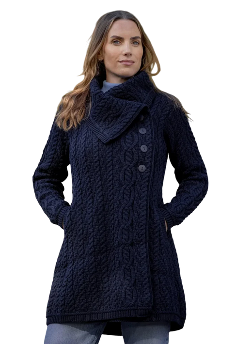 Ladies Chunky Collar Navy Aran Coat