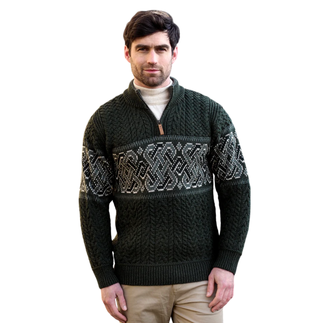 Men's Half-Zipped Celtic Jacquard Green Aran Sweater