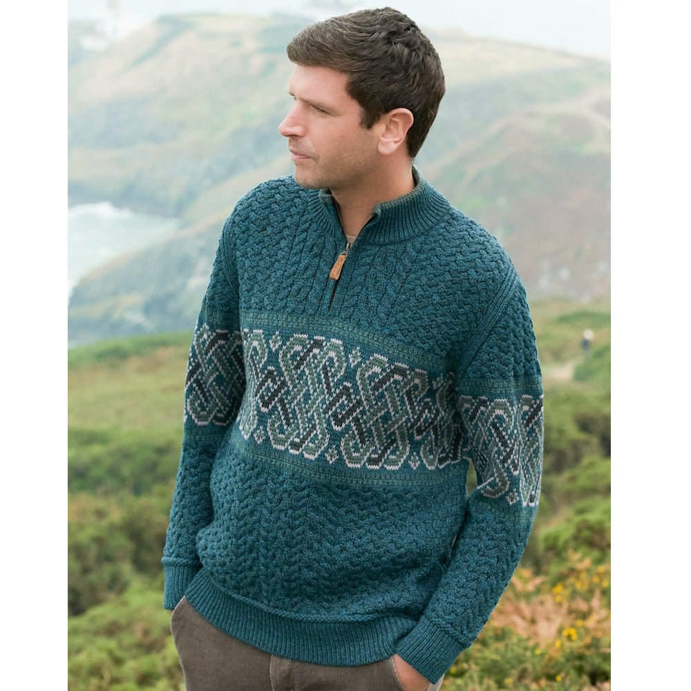 Men's Newgrange Half Zip Jacquard Design Aran Sweater