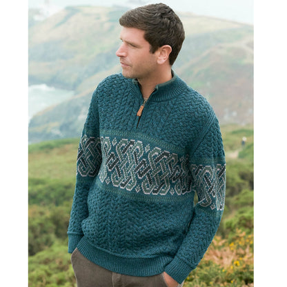 Men's Newgrange Half Zip Jacquard Design Aran Sweater