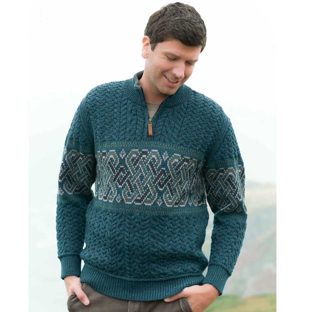 Men's Newgrange Half Zip Jacquard Design Aran Sweater