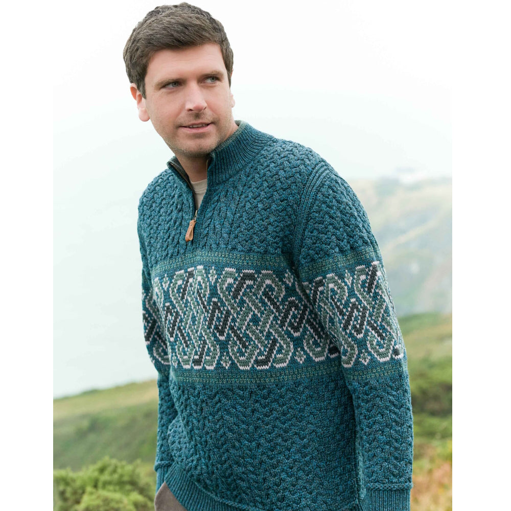 Men's Newgrange Half Zip Jacquard Design Aran Sweater