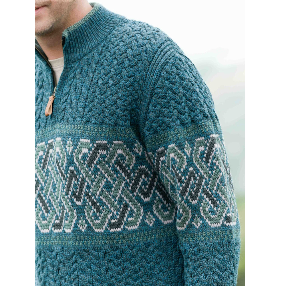 Men's Newgrange Half Zip Jacquard Design Aran Sweater
