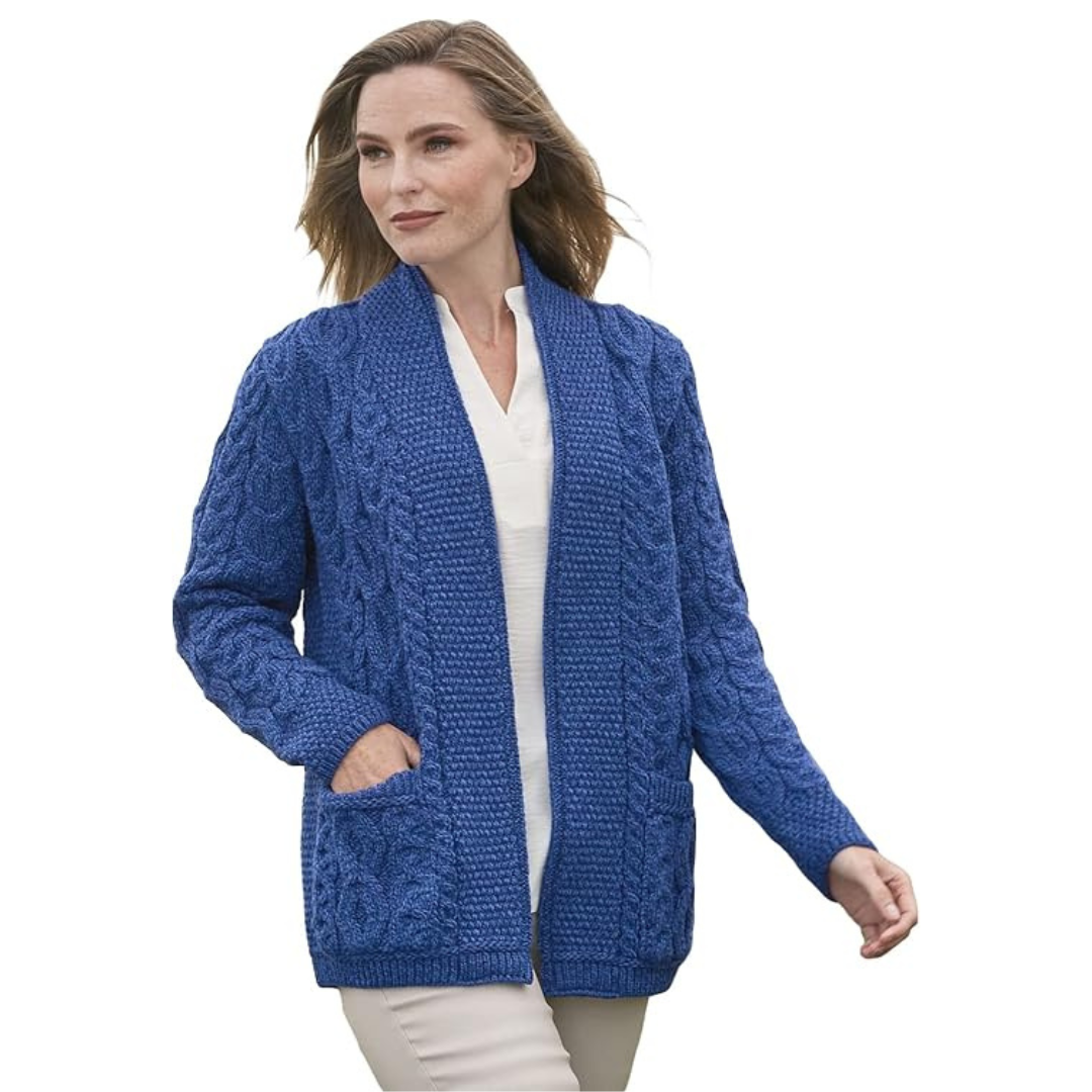 Ladies Aran Short Edge To Edge Mallard Blue Cardigan