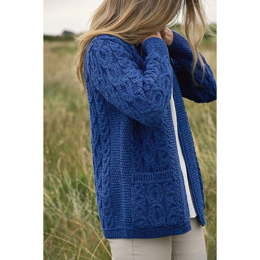 Ladies Aran Short Edge To Edge Mallard Blue Cardigan