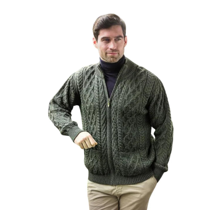 Men's Aran Full Zip Green Cardigan