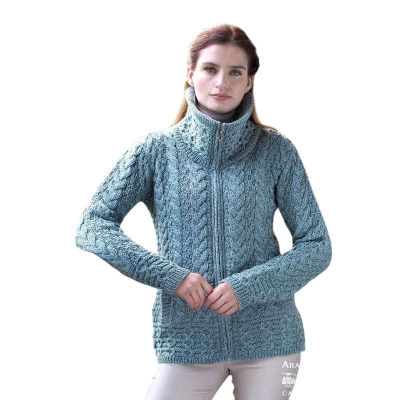 Ladies Double Collar Zip Cardigan Mermaid Blue