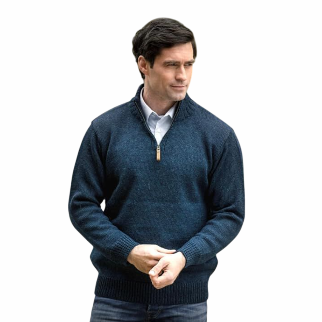 Men's Aran Quarter Zip Wool Blackwatch Jumper