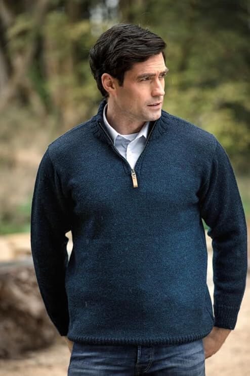 Men's Aran Quarter Zip Wool Blackwatch Jumper 