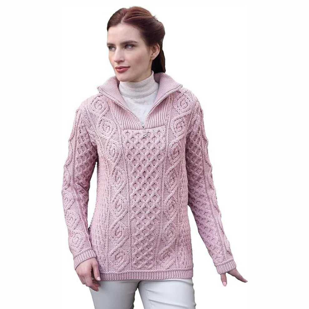 Ladies Merino Wool Half Zip Pink Jumper