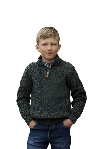 Kids Quarter Zip Merino Wool Green Sweater