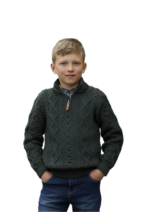 Kids Quarter Zip Merino Wool Green Sweater
