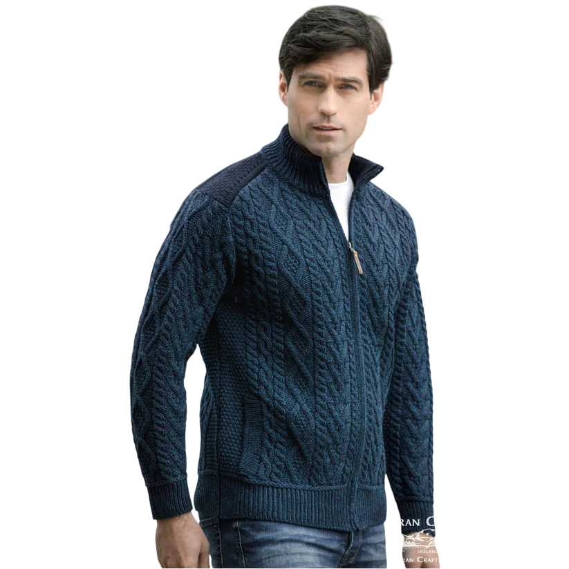 Aran Crafts Zip Cardigan With Patch Shoulder Detail Blackwatch