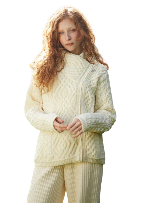 Ladies Aran Cable Knit Side Zip Natural Cardigan