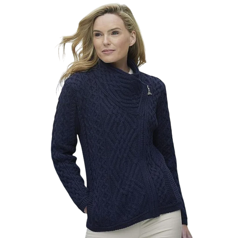 Ladies Aran Knit Cable Cardigan With Side Zip Navy