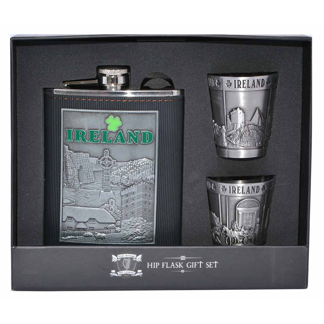 Ireland Collage Stainless Steel Hip Flask Gift Set 