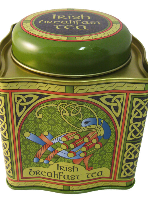 Green Irish Breakfast Tea tin with round lid showing a Celtic peacock and Irish weave border.