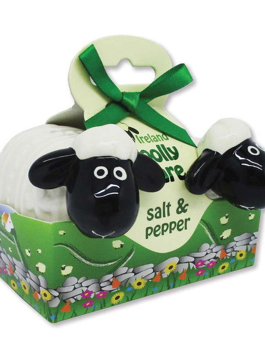 Ireland Woolly Ware salt and pepper shakers featuring two black faced sheep on a white wool body on a green gift box.