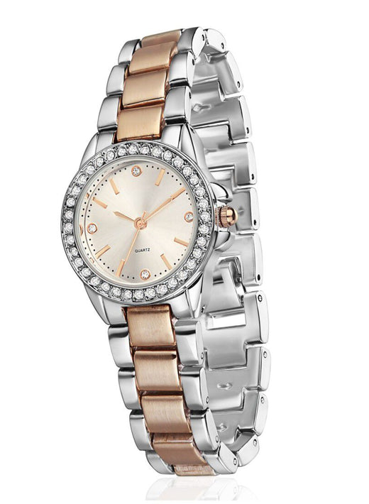 Two tone rose gold and silver round ladies watch with crystal bezel