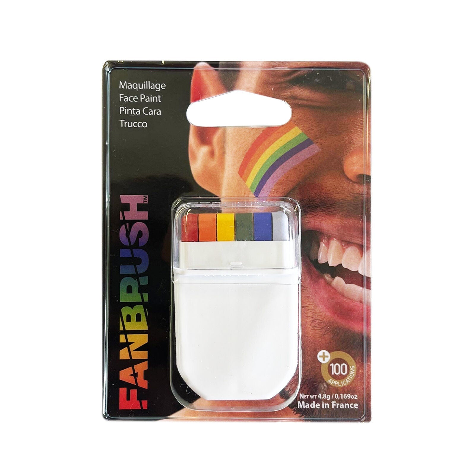 Fanbrush Pride face paint stick with rainbow color swatches on blister packaging