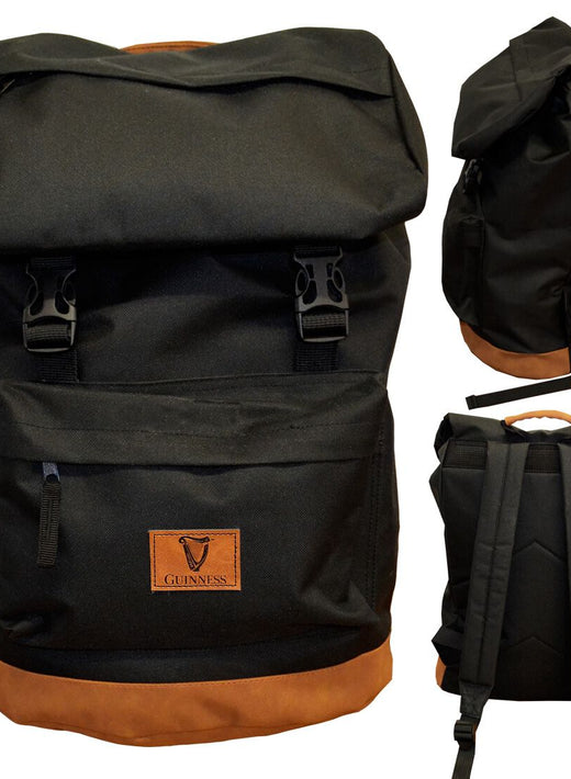 Black backpack with brown base and front pocket shown from three angles