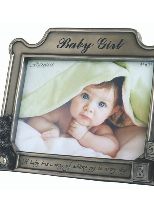 Bronze finish Baby Girl frame with a baby photo under a pale blanket and a small teddy bear at the base