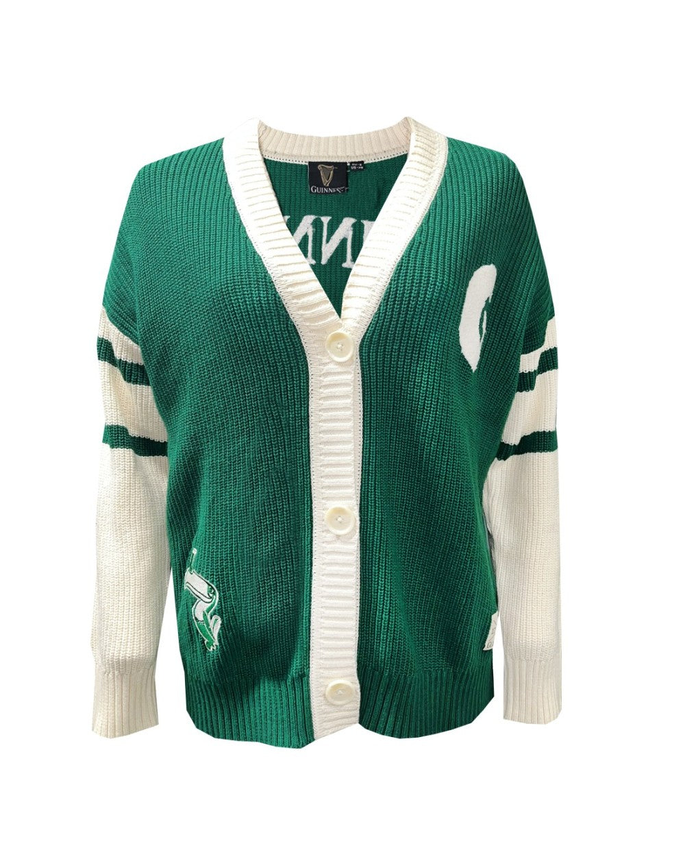 Guinness knitted cardigan in green with cream trim and button front