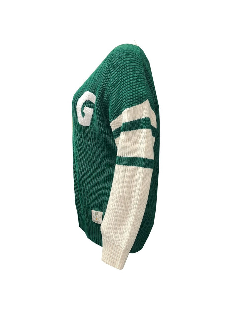 Side view of green knitted Guinness cardigan with cream striped sleeves and a white G letter patch