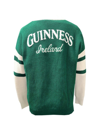 Back view of a green and cream knitted Guinness cardigan with Ireland script on the back.