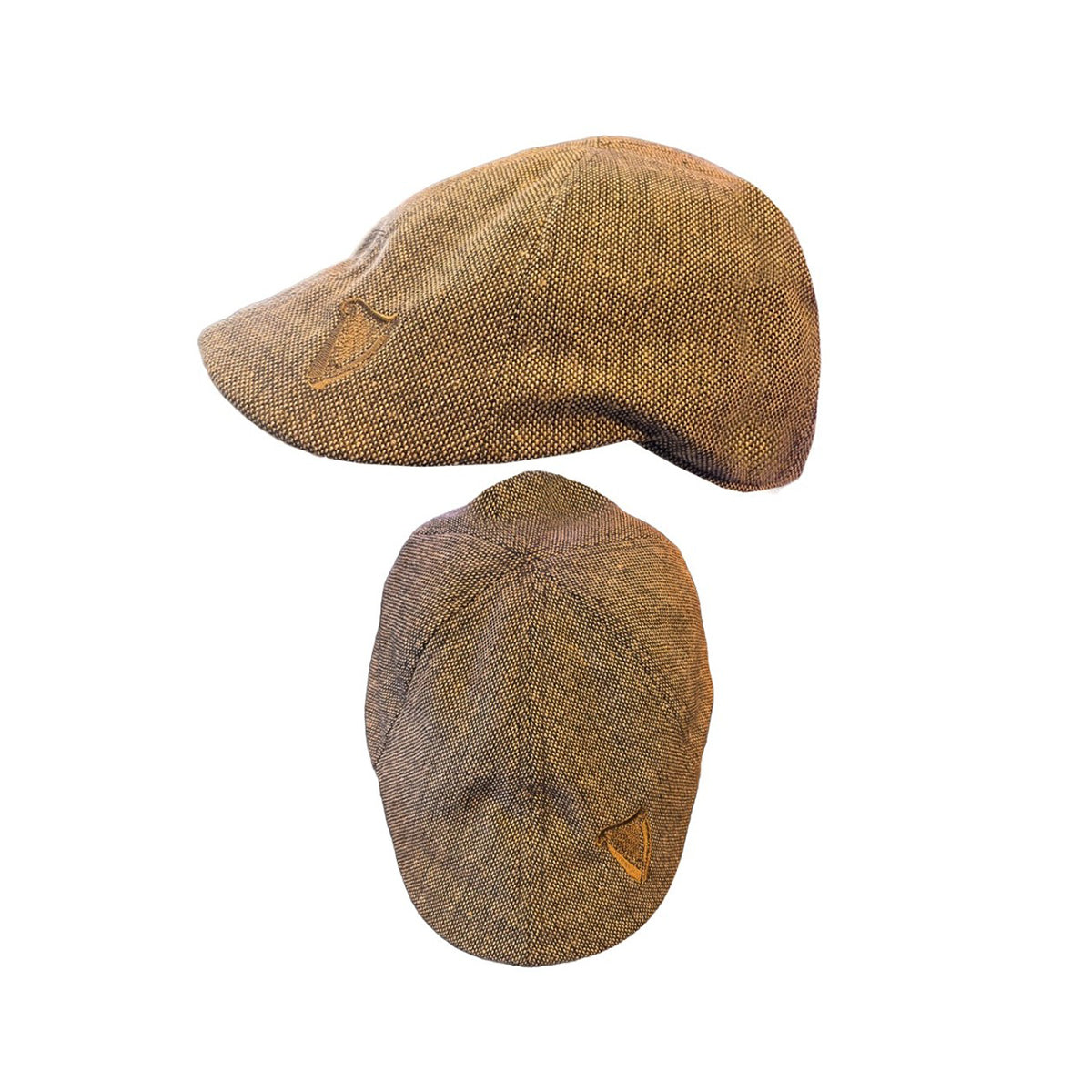Guinness brown herringbone tweed structured flat cap with a yellow harp emblem on the side